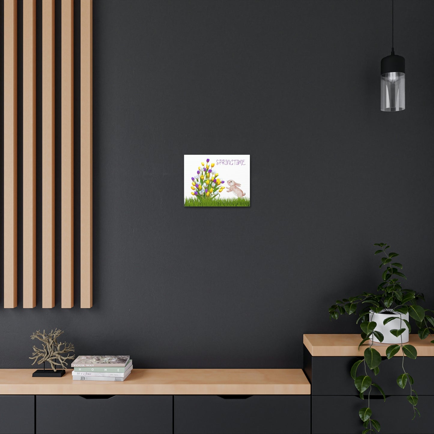 Springtime Bunny: Adorable Canvas Print of a Bunny Sniffing Tulips