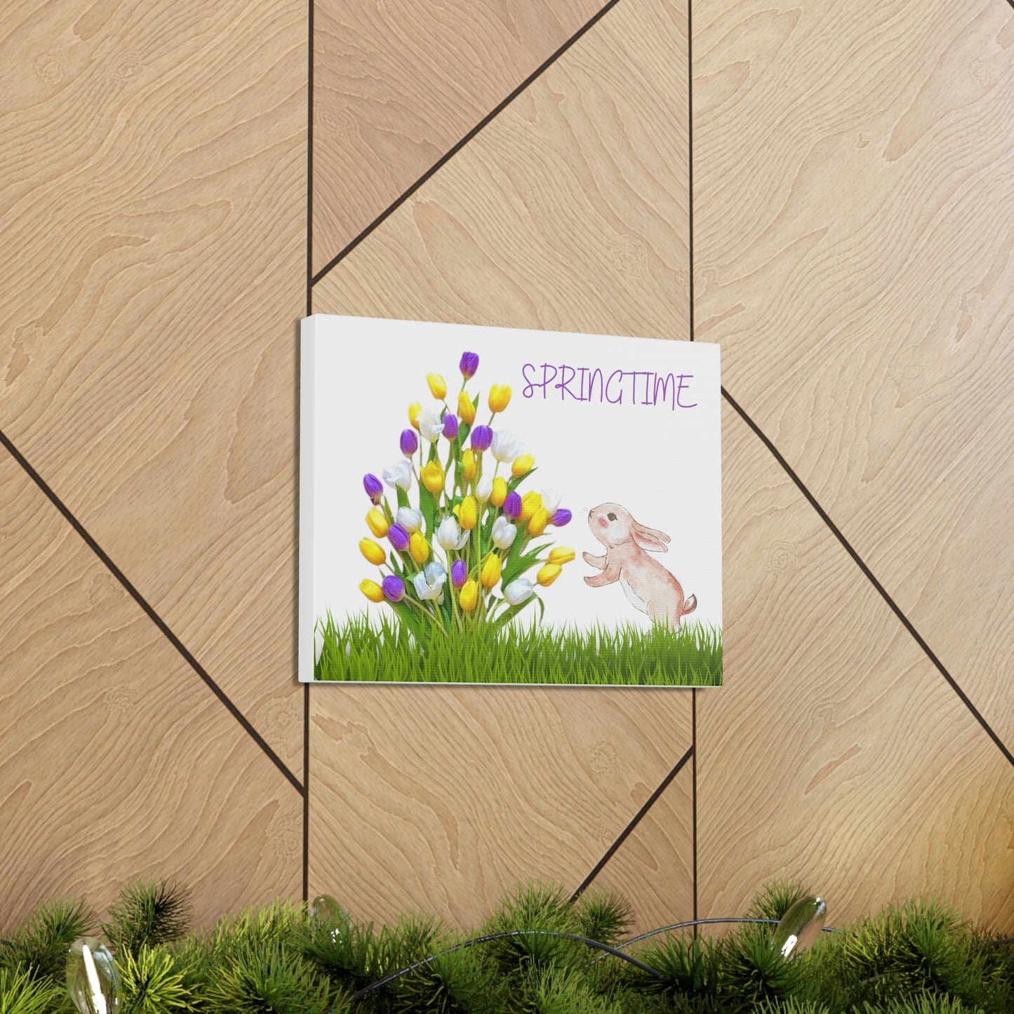 Springtime Bunny: Adorable Canvas Print of a Bunny Sniffing Tulips